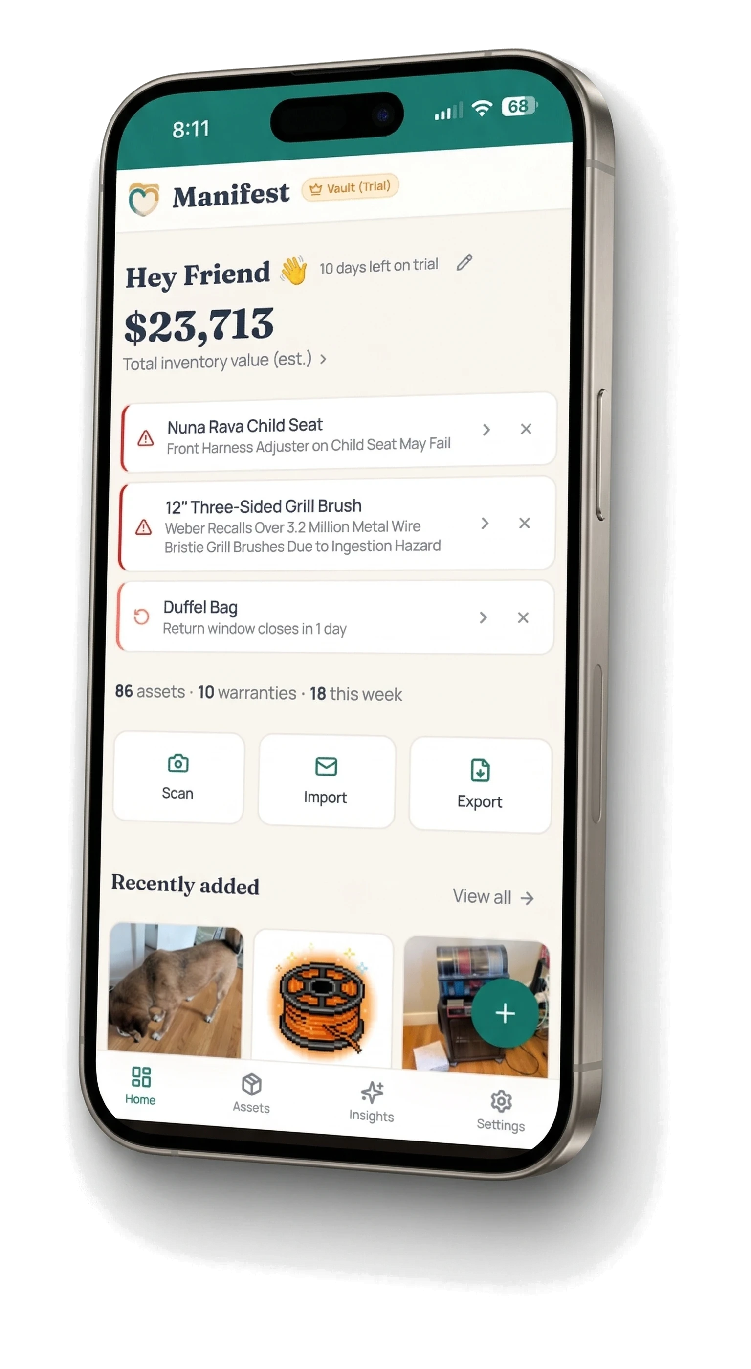 Manifest app showing inventory dashboard with recall alerts, warranty tracking, and asset management