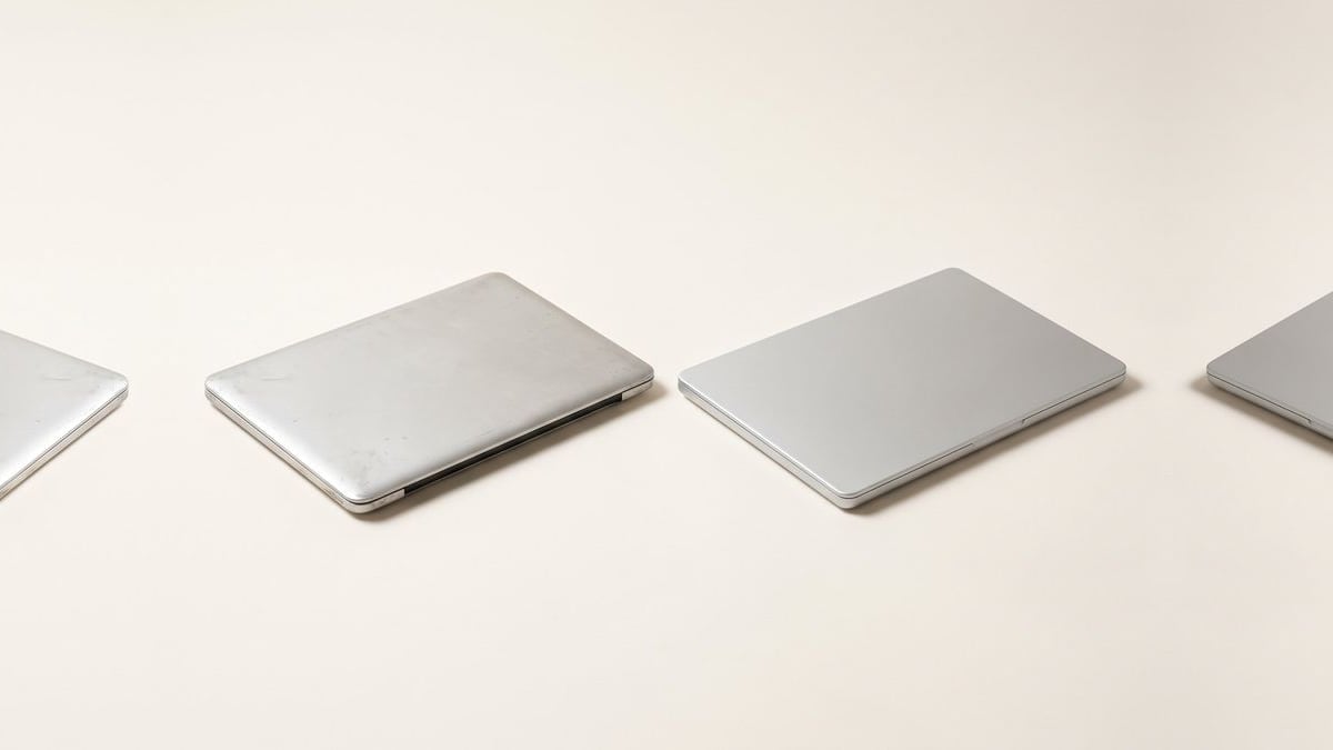 An older, scuffed laptop beside a new one