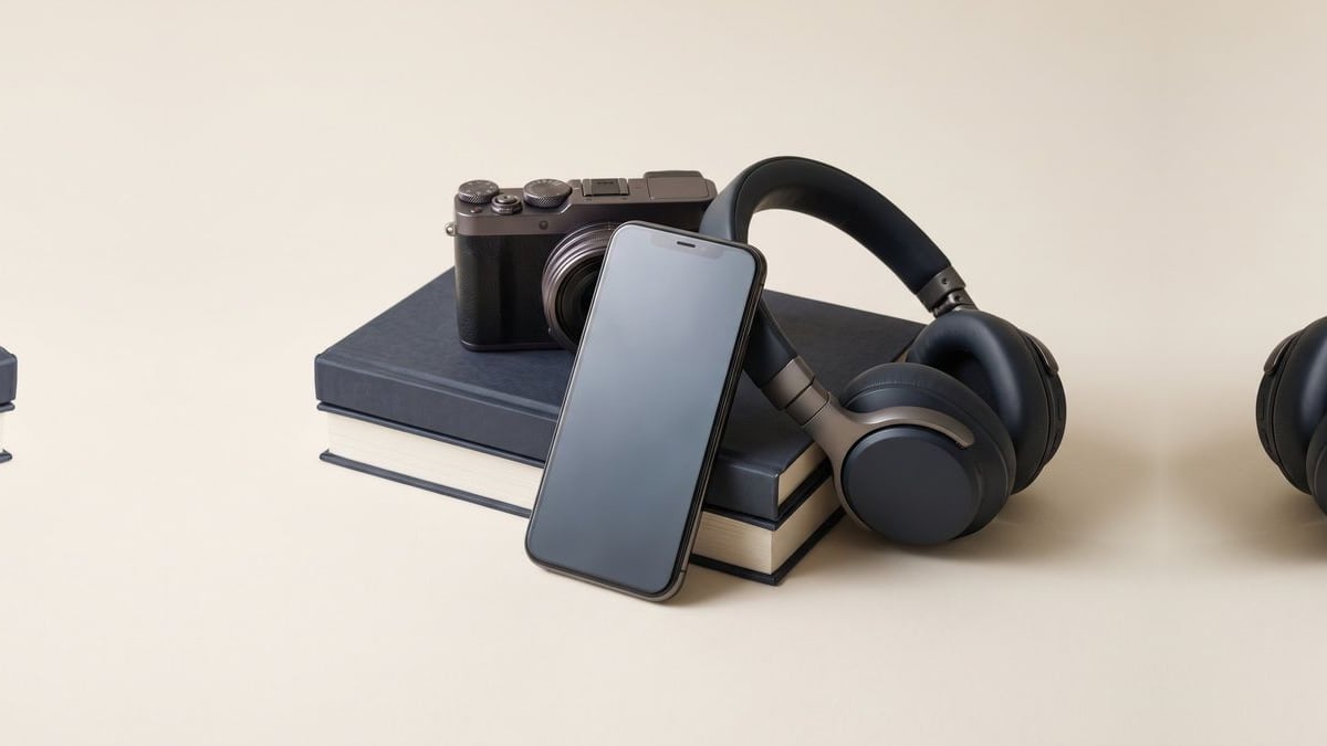A phone leaning against a camera, a book and a pair of headphones
