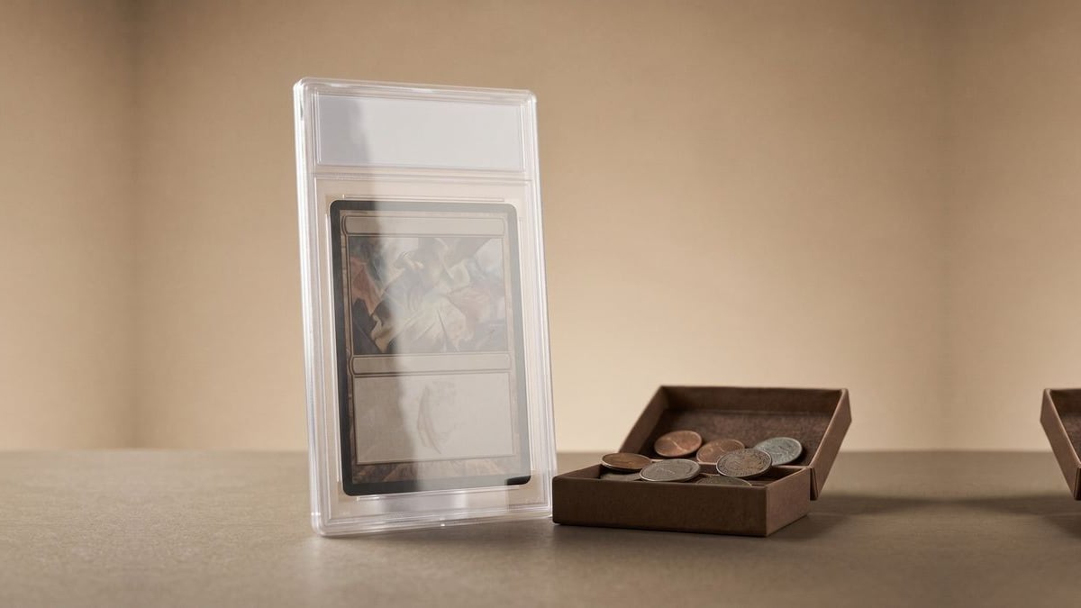 A graded trading card in a slab beside a small coin tray