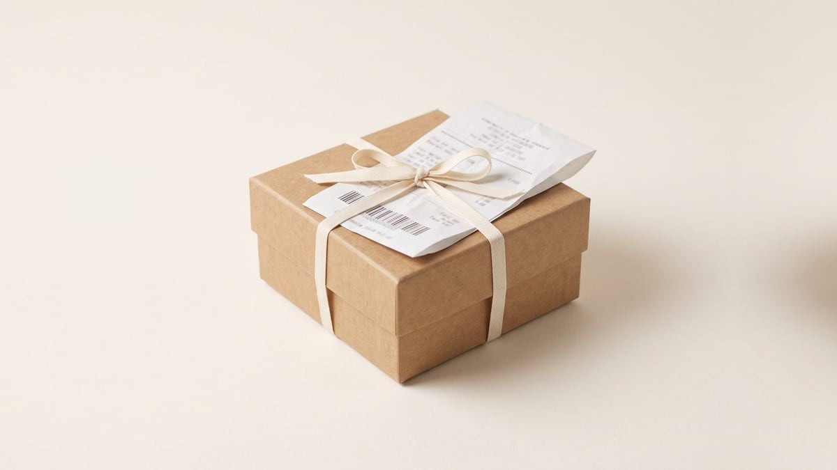 A paper receipt tied to a small kraft box with a cotton ribbon