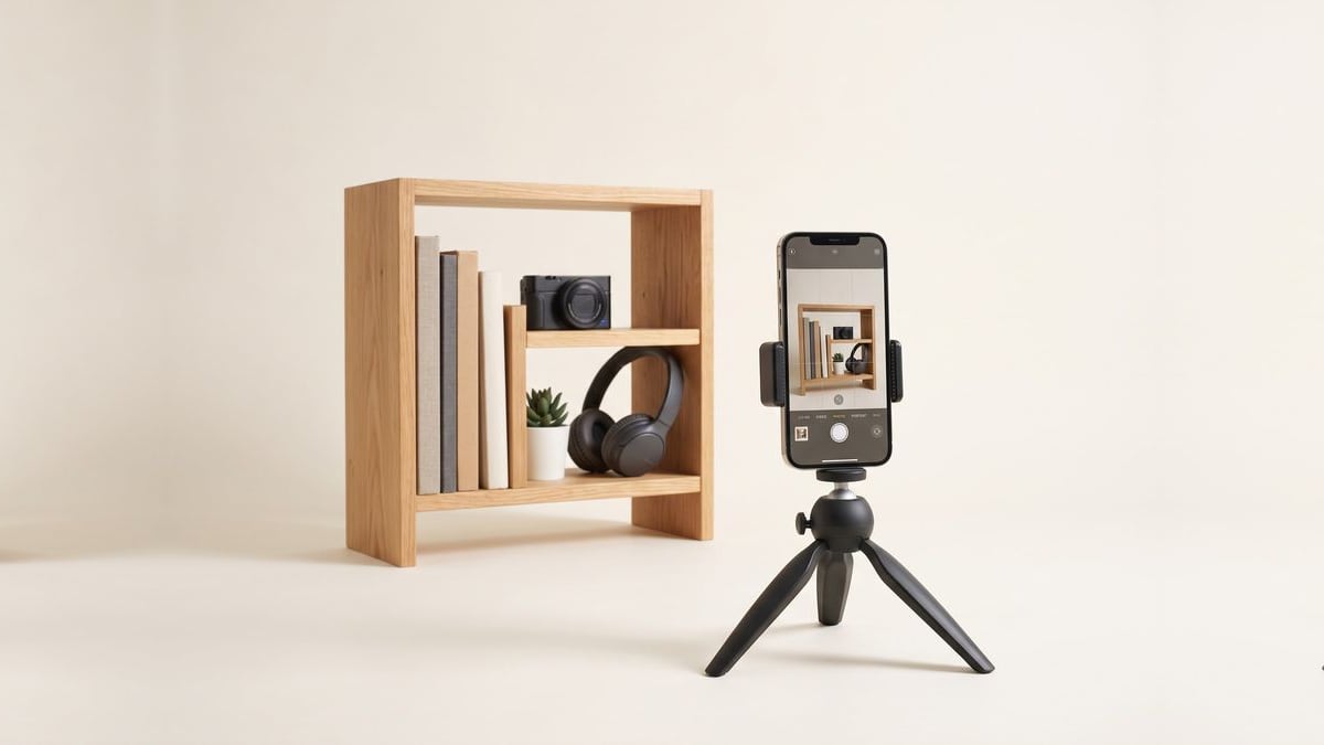 A phone on a small tripod filming a shelf with books, a camera and headphones