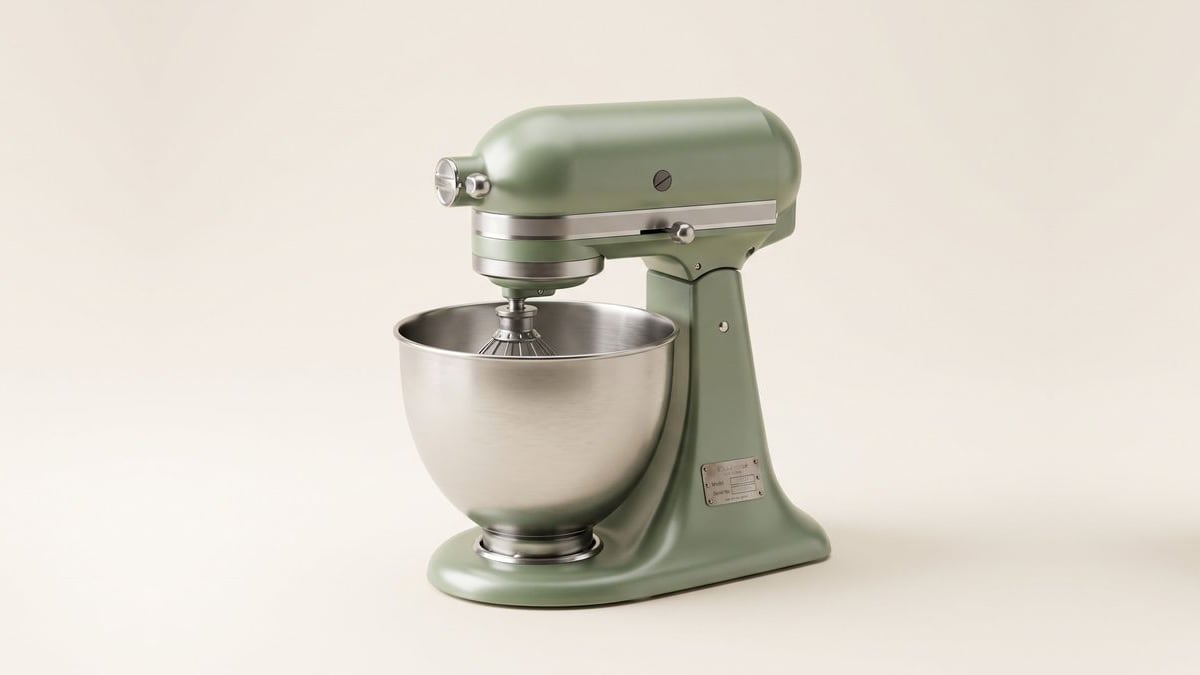 A sage green stand mixer with its serial plate showing