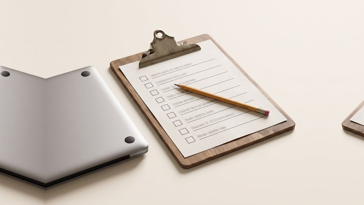 A clipboard with a blank checklist and a pencil beside a closed laptop