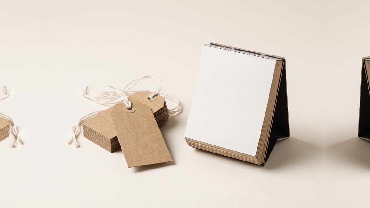 A stack of blank kraft price tags beside a small desk calendar
