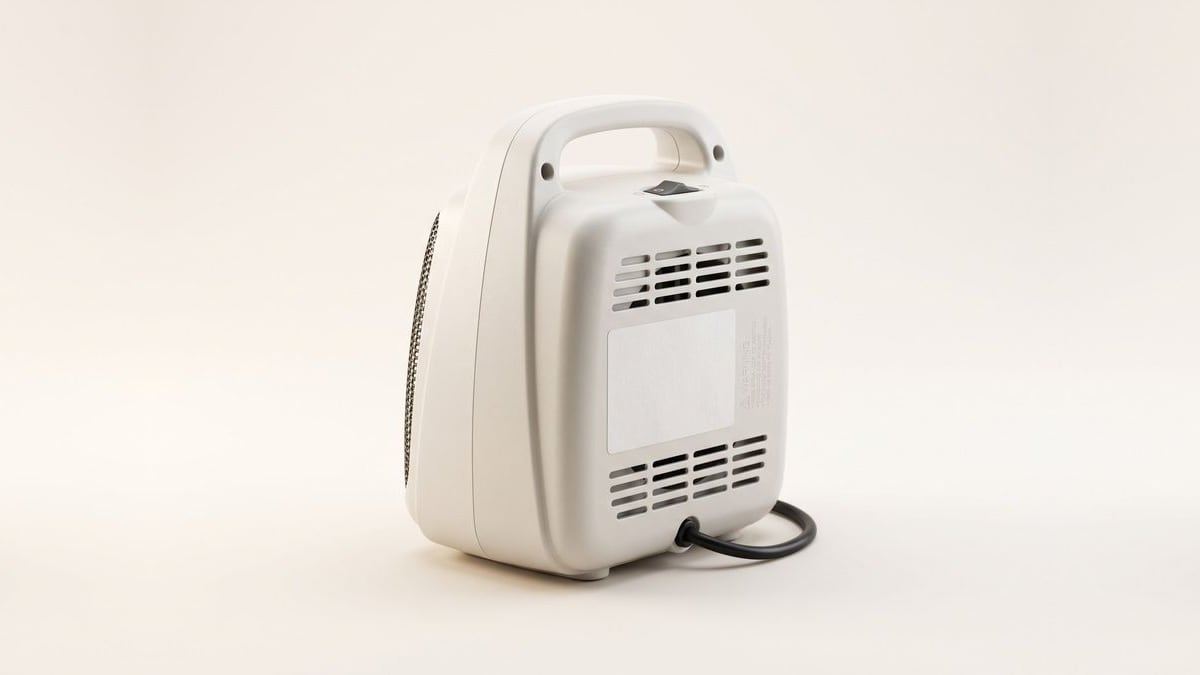 A small space heater turned to show the label on its back
