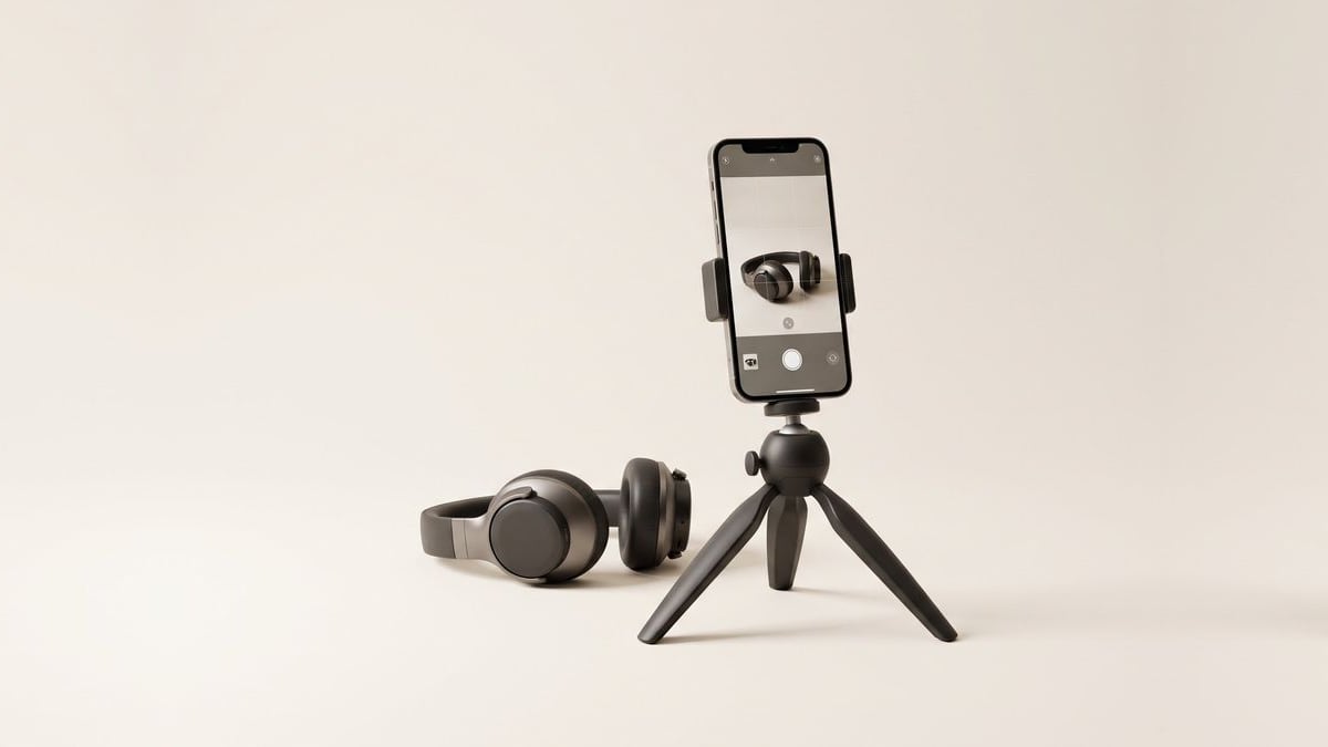 A phone on a small tripod photographing a pair of headphones