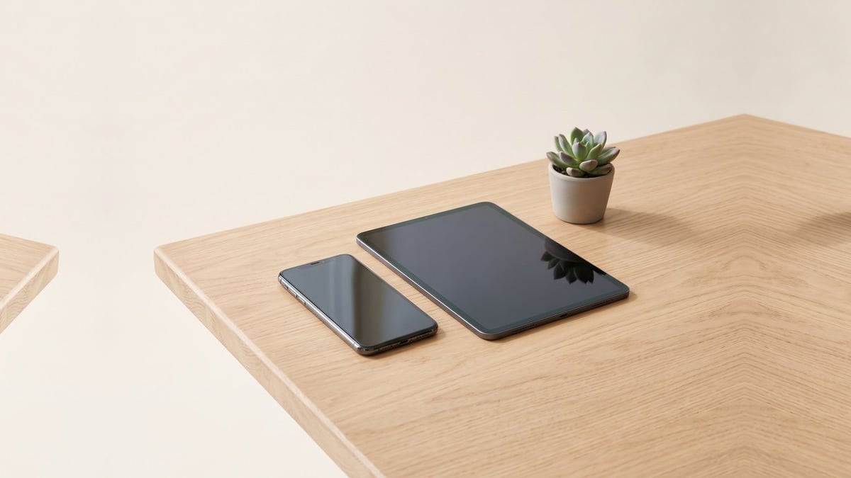 A phone and a tablet on a wooden table