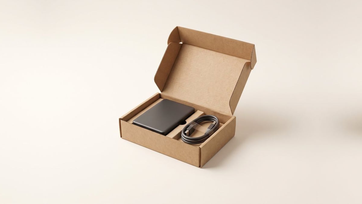 An external hard drive and a USB cable in a small open box